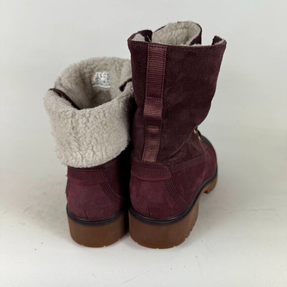 Timberland Jayne Fleece Boots 7.5 Burgundy Leather Round Toe Lace-up Mid-Calf - Picture 7 of 9